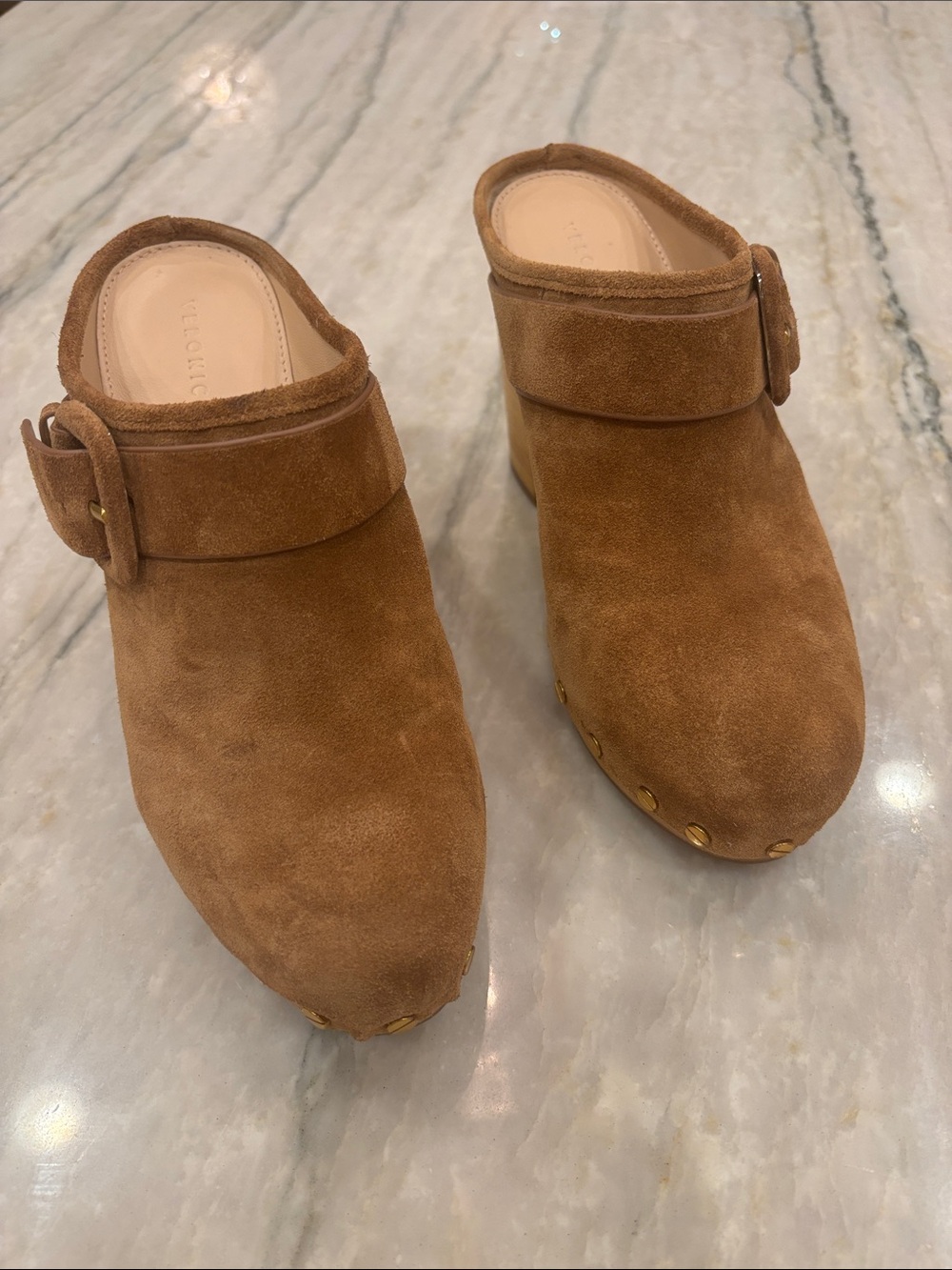 Veronica Beard Suede Mule Clogs with Buckle Detail - Pecan Brown